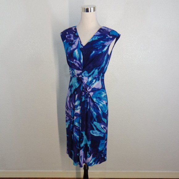 👁️3 for $20Jones New York Size 8 Blue Purple Floral Stretchy Ruched Waist dress - Picture 3 of 7